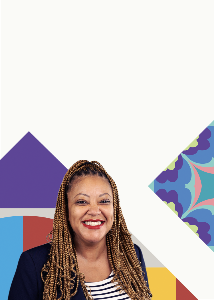 Headshot of a female caregiver of a Sickle Cell Warrior surrounded by colorful mosaic tiles