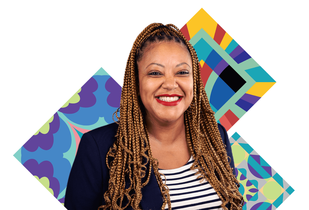 Headshot of a female caregiver of a Sickle Cell Warrior surrounded by colorful mosaic tiles