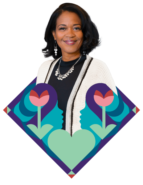 Headshot of a female caregiver of a sickle cell disease Warrior surrounded by a colorful mosaic design and three graphic tiles